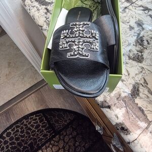 Tory Burch Black Slide Sandals with Embellished Logo